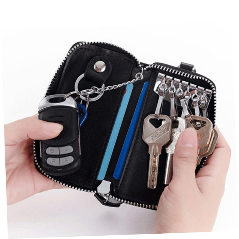 Blue Leather Key Holder Wallet with Zipper for Men Multi Function Coin Pouch - Image 3